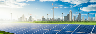 Cityscape featuring wind turbines and solar panels