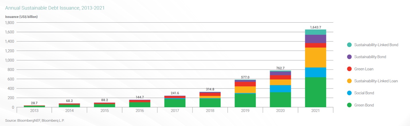 Chart showing the growth in sustainable debt issuance from 2013-2021